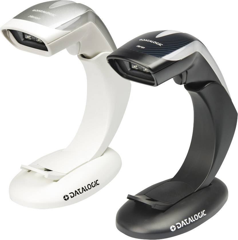 Two Datalogic barcode scanners, one in white and one in black, are standing side by side on their stands.