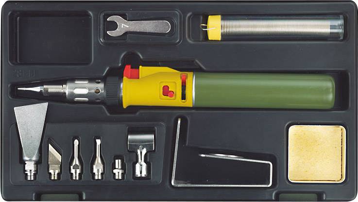 Soldering iron set with various tips and accessories in a black box. Perfect for electronic work and repairs.