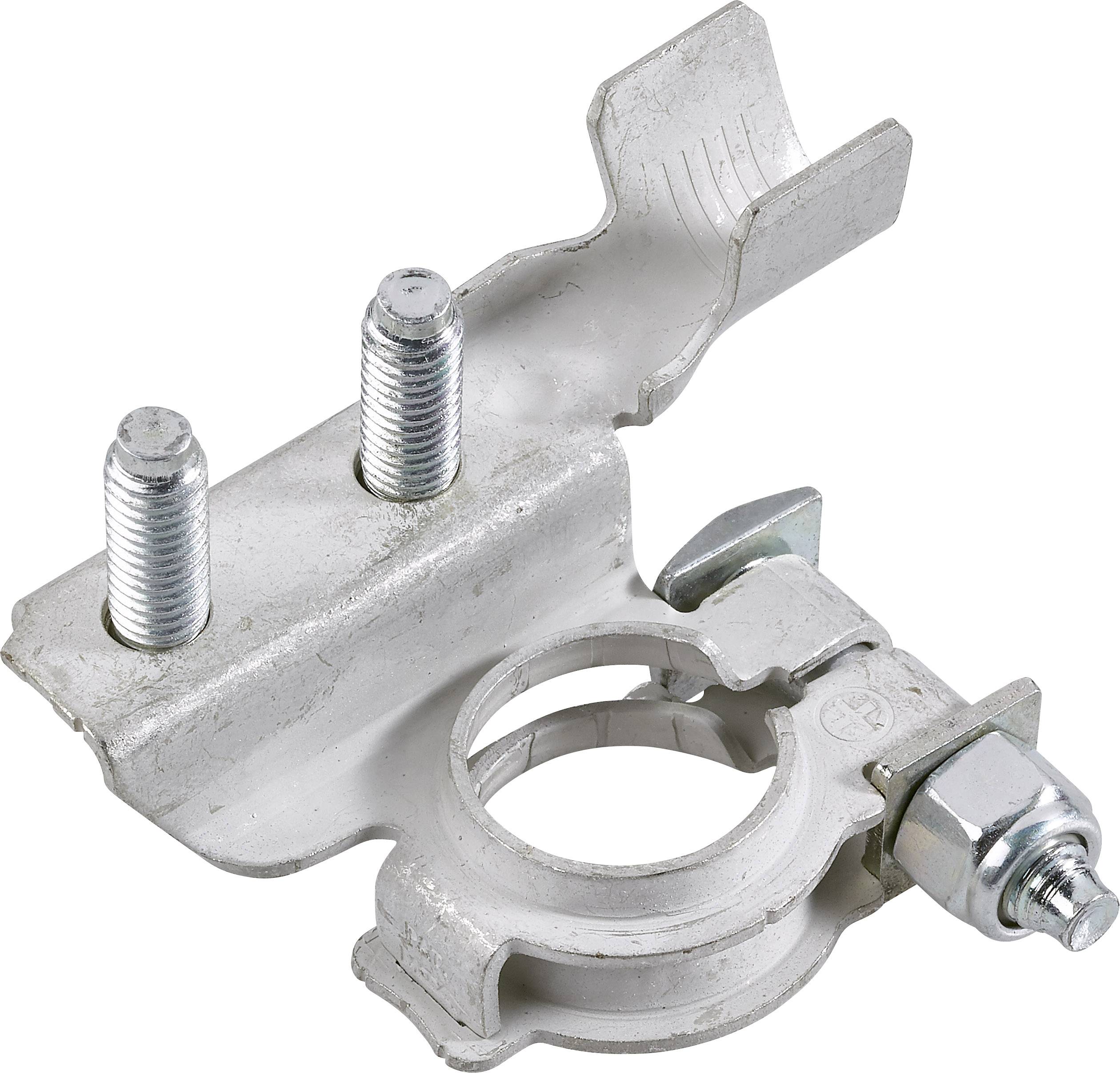 A silver battery terminal adapter with screws and nuts, used for securely connecting cables to a battery.