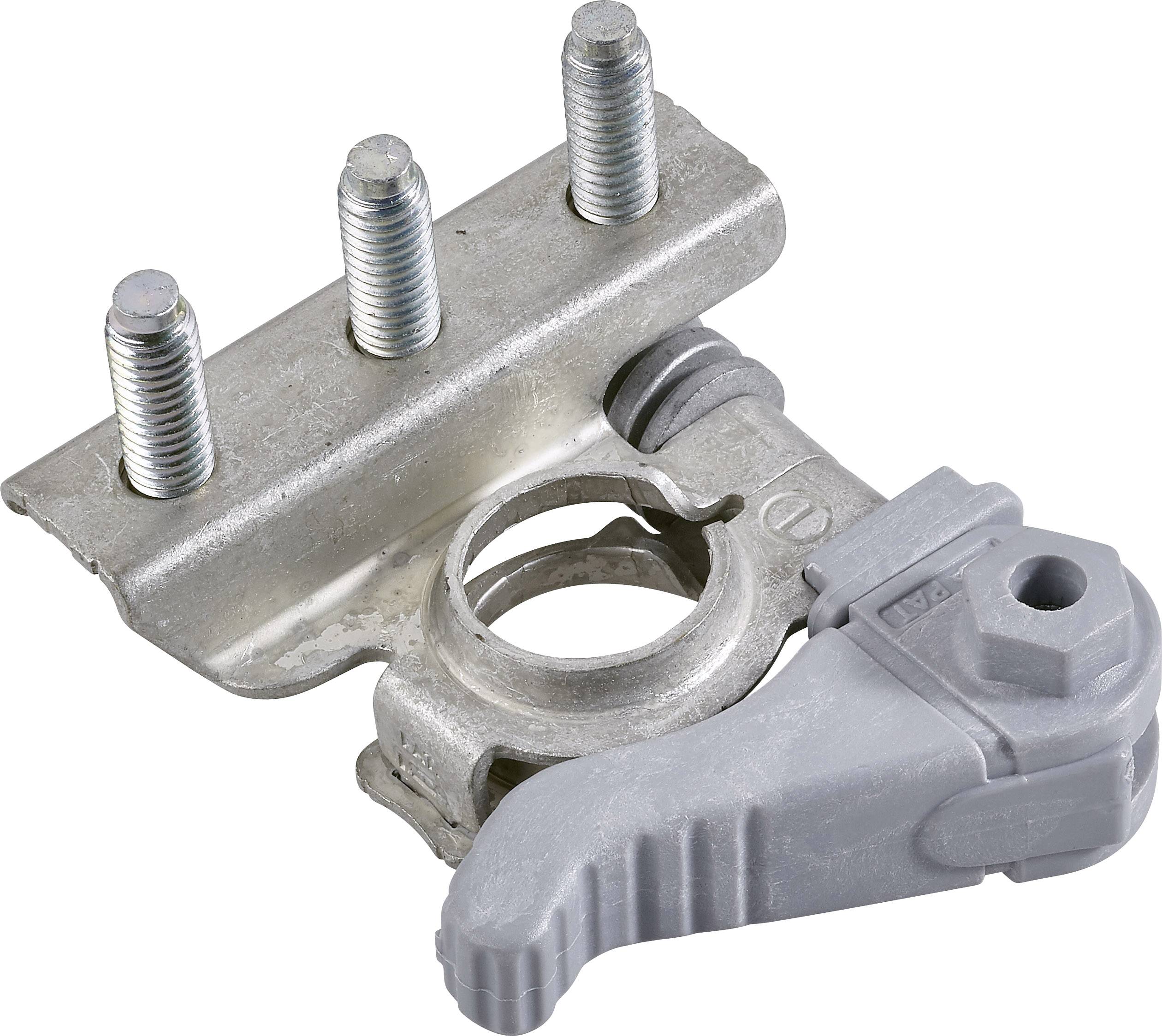 A metal fastener with a screw mounting and a grey lever; used for securing components or materials.