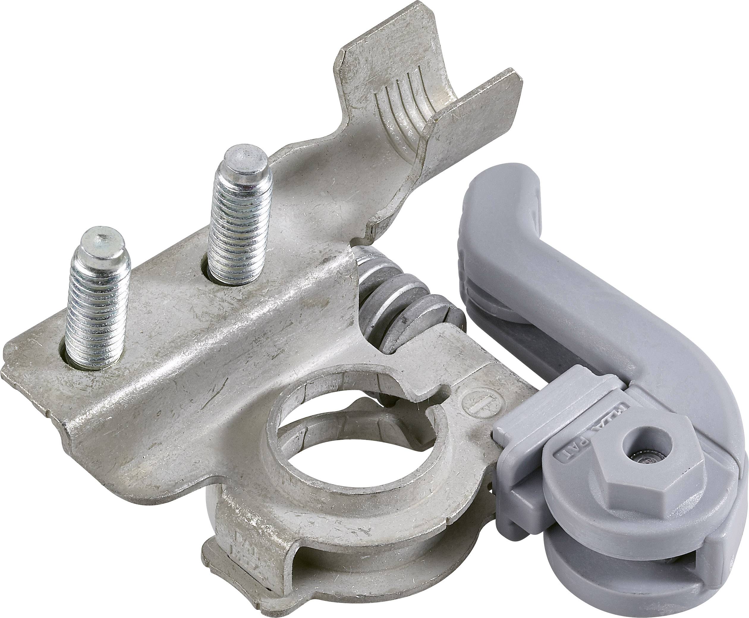 Metal clip with screws and a grey plastic handle, likely part of a battery connection or similar mechanism.