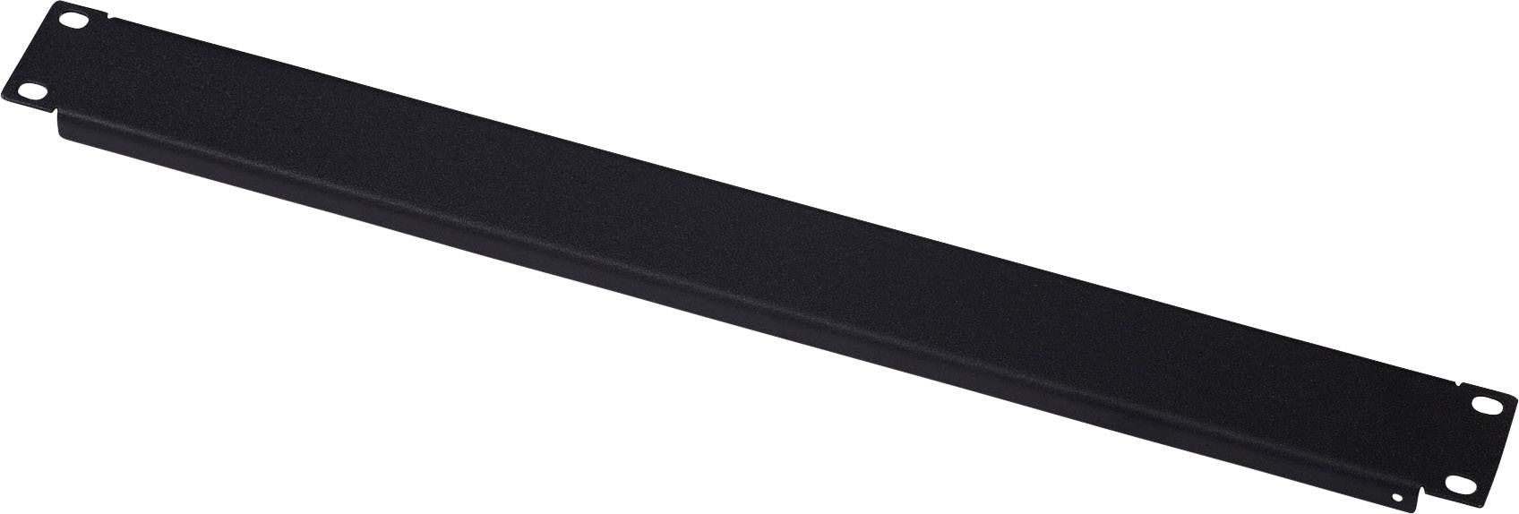 A black, rectangular cover plate with holes in the corners, likely for mounting in a rack system.