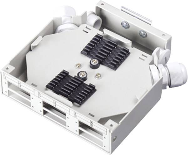 A white optical distribution panel with multiple cable connections and a row of black connection modules on the top surface.