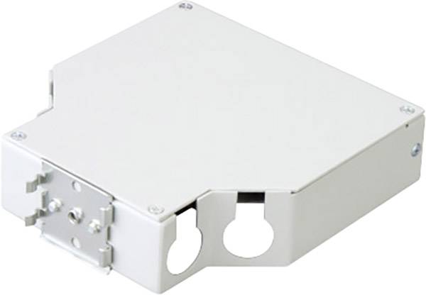 A white, square metal enclosure with rounded corners and two cable openings on one side, designed for wall mounting.