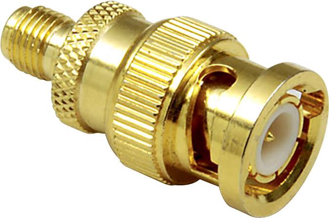 A golden metal adapter with a BNC plug on one side and a screw connection on the other, suitable for electronic connections.