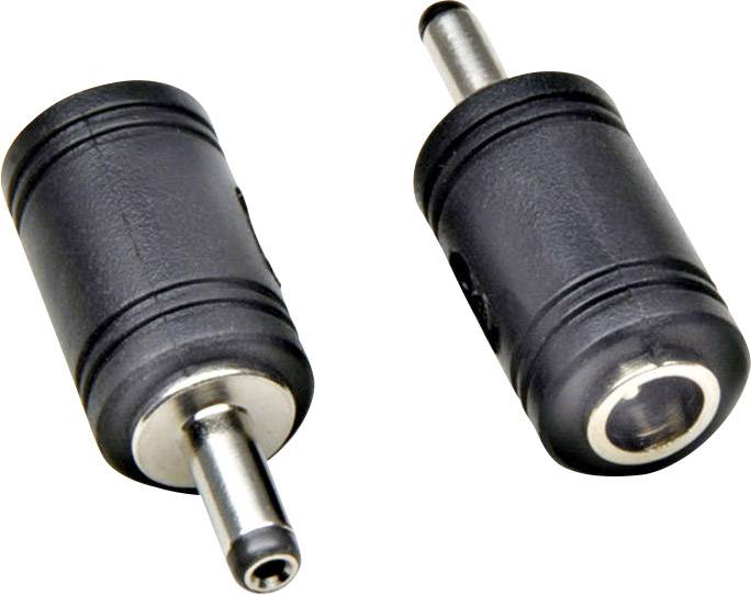Two black adapter plugs, one with a male connection and the other with a female connection, on a white background.