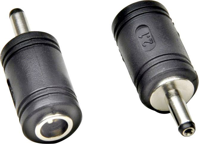 Two DC plugs in black, one showing the socket, the other the pin. Suitable for power connections on electronic devices.