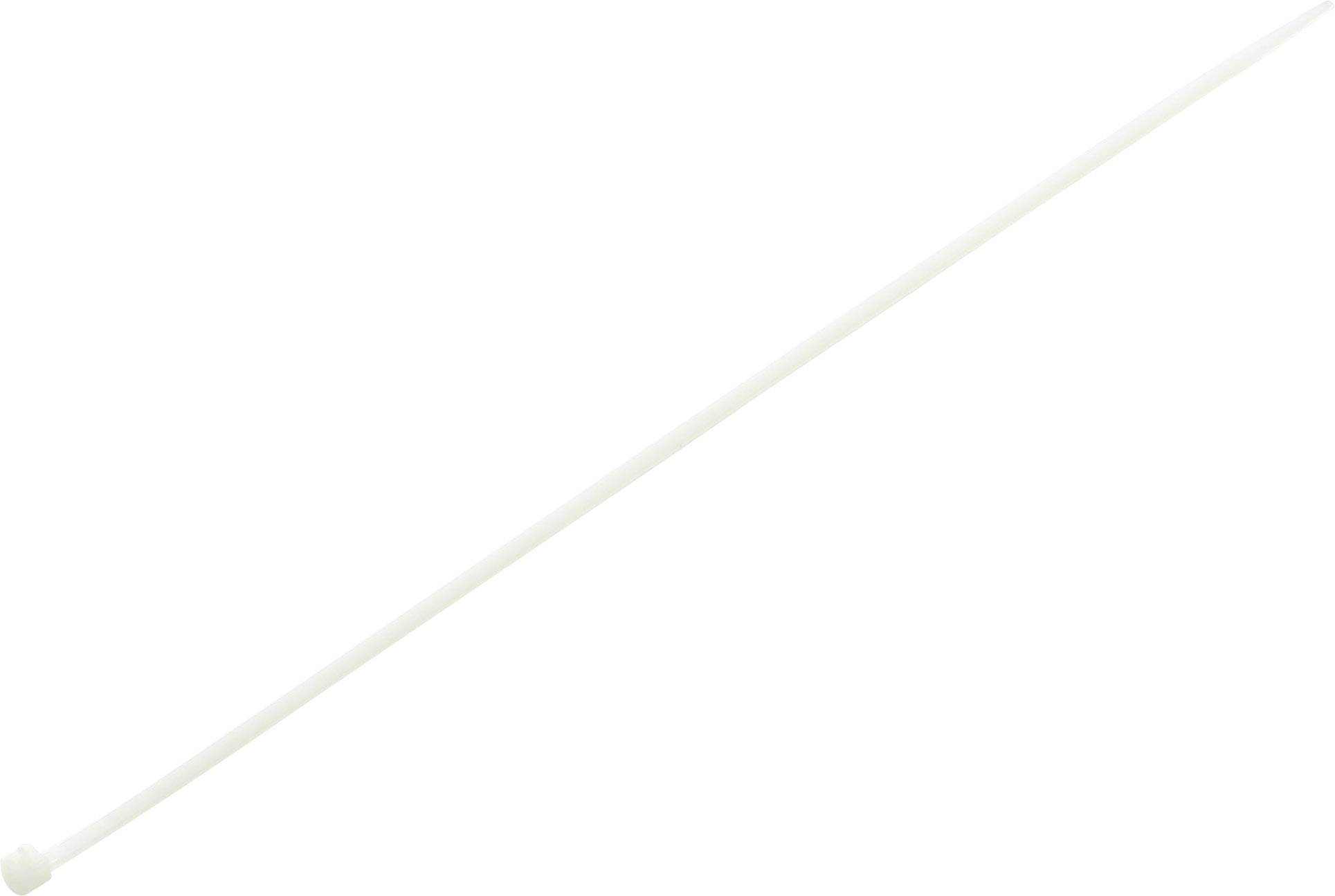 A white plastic cable tie lies diagonally on a white background.