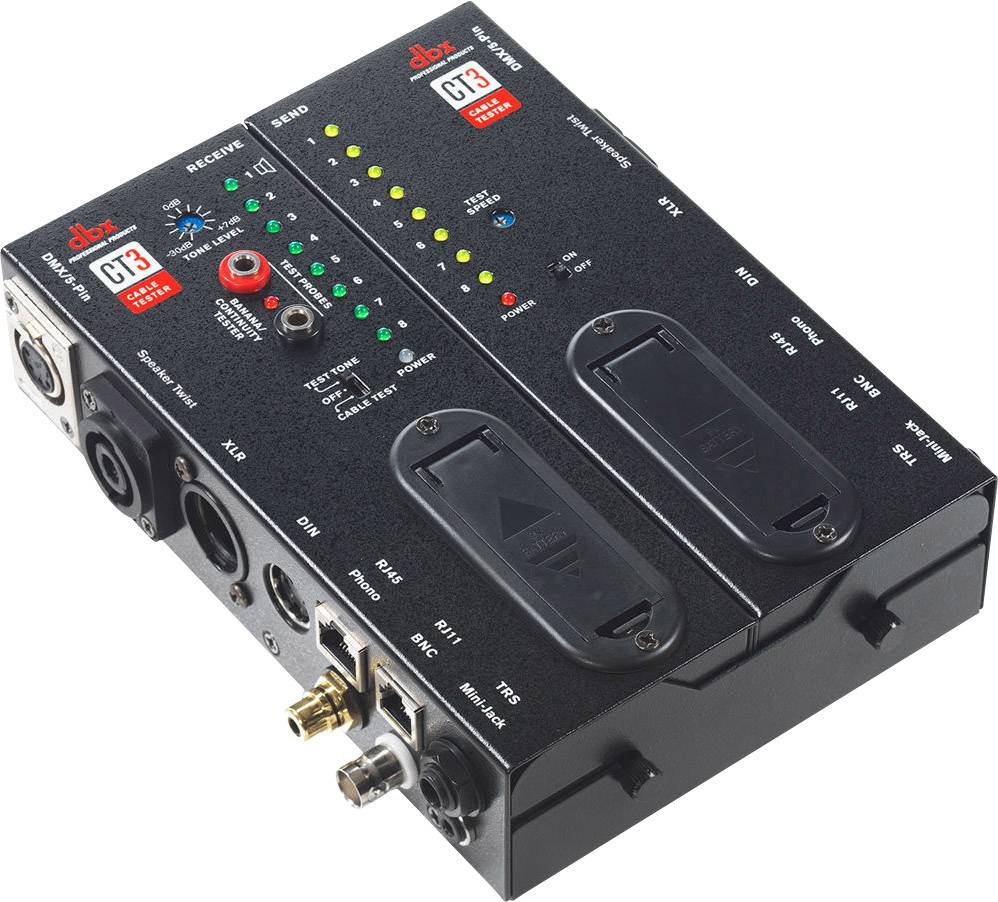 A black audio device with multiple ports, LED indicators, and control buttons. It has two removable covers on top.