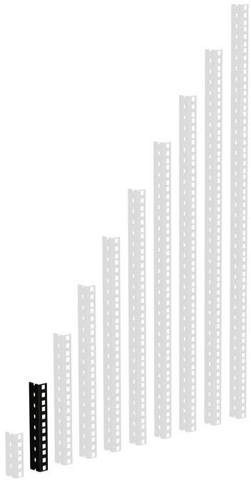 Nine metal angles at different heights, each with a row of square holes. The shortest is black, the others are white.