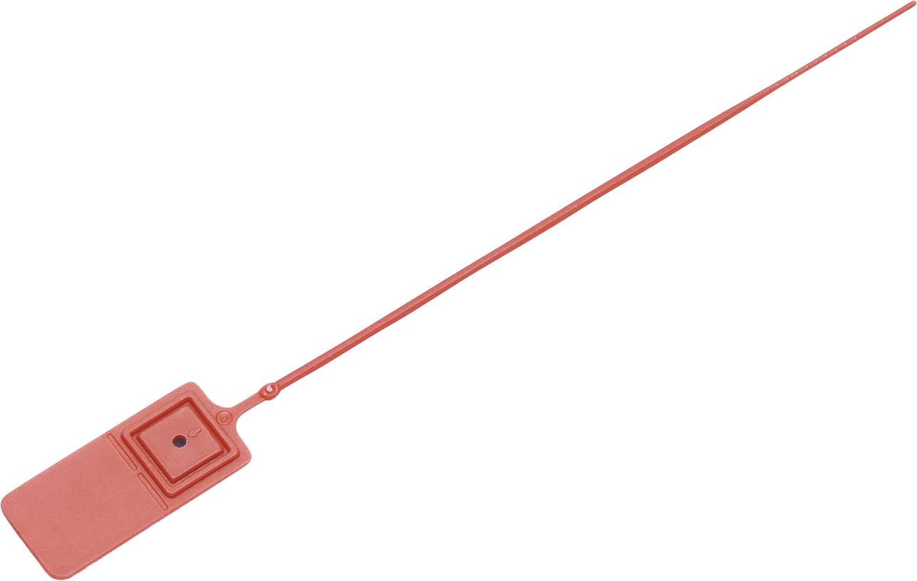 Red plastic security cable tie seal with rectangular seal and long band, used for securing items.