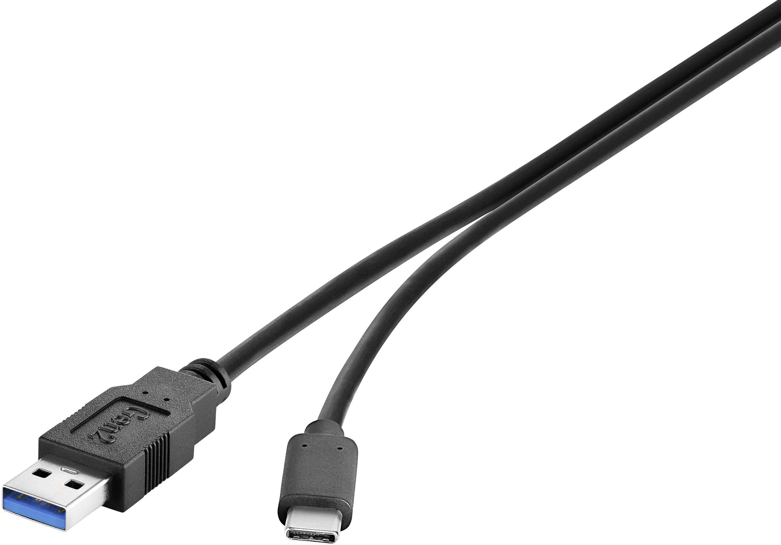 A black cable with a USB-A plug on one side and a USB-C plug on the other side.
