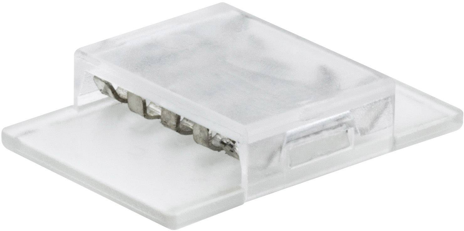 Transparent plastic clip with metal contacts, rectangular in shape, used as an electrical connector for circuit boards.