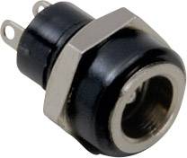 Black socket with two metal connections and a hexagonal metal frame, used for electrical connections.