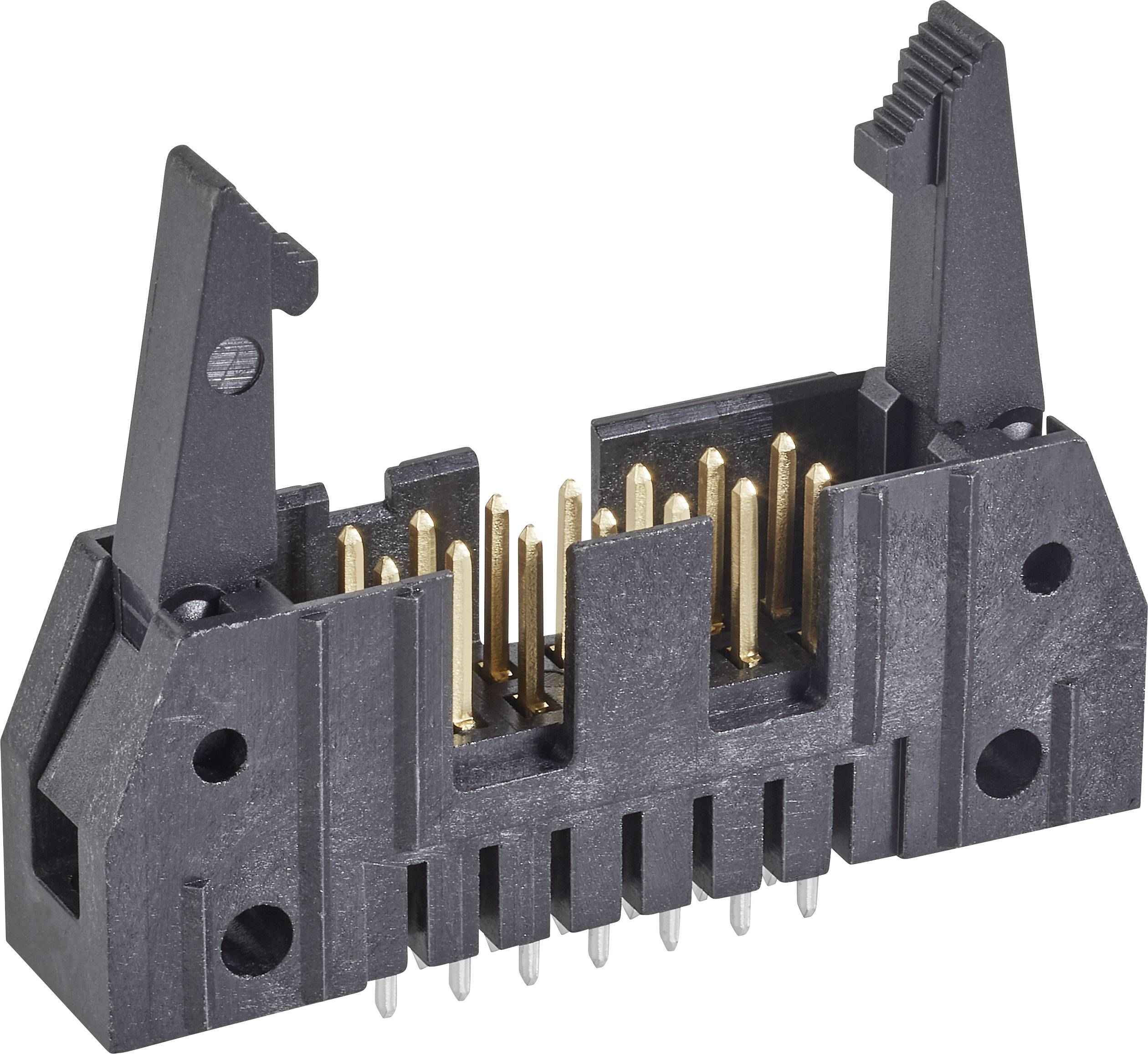 Black connector with gold contacts and plastic housing, suitable for electronic connections or PCB mounting.