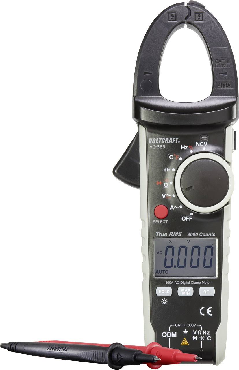 Digital clamp multimeter with LCD display, rotary control dial and test leads. Measures current, voltage and resistance. Brand name 'Voltcraft'.