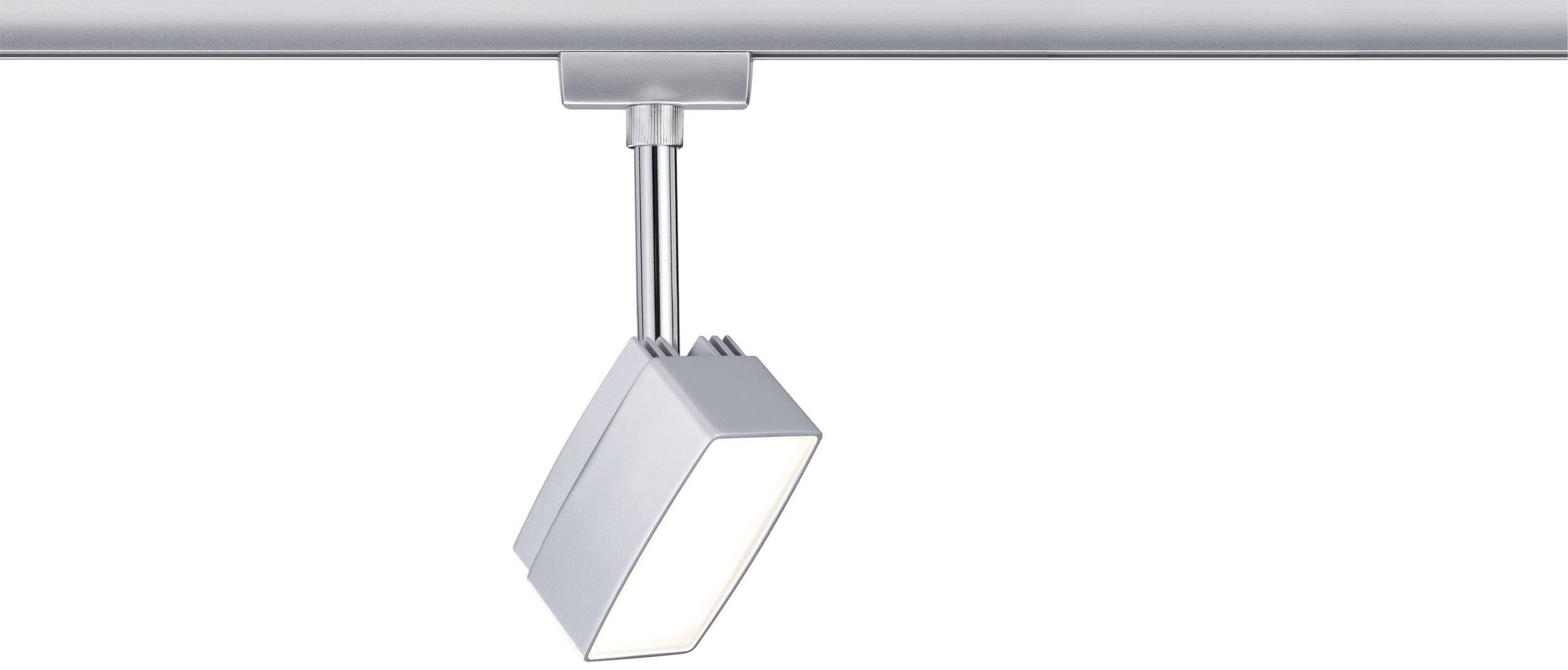 A rectangular LED spotlight, mounted on a track, shines downwards. Ideal for focused lighting in rooms.