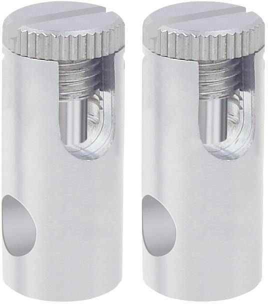 Two silver, cylindrical metal parts with a ridged screw on top and a side opening.