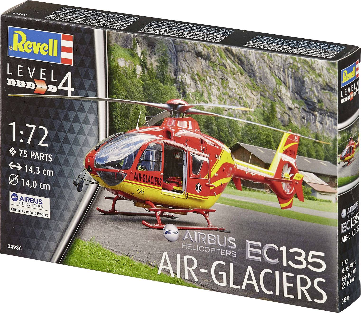 Revell model kit EC135 Air-Glaciers in 1:72 scale, 75 parts, red-yellow helicopter, depicted on landing area against mountain backdrop.