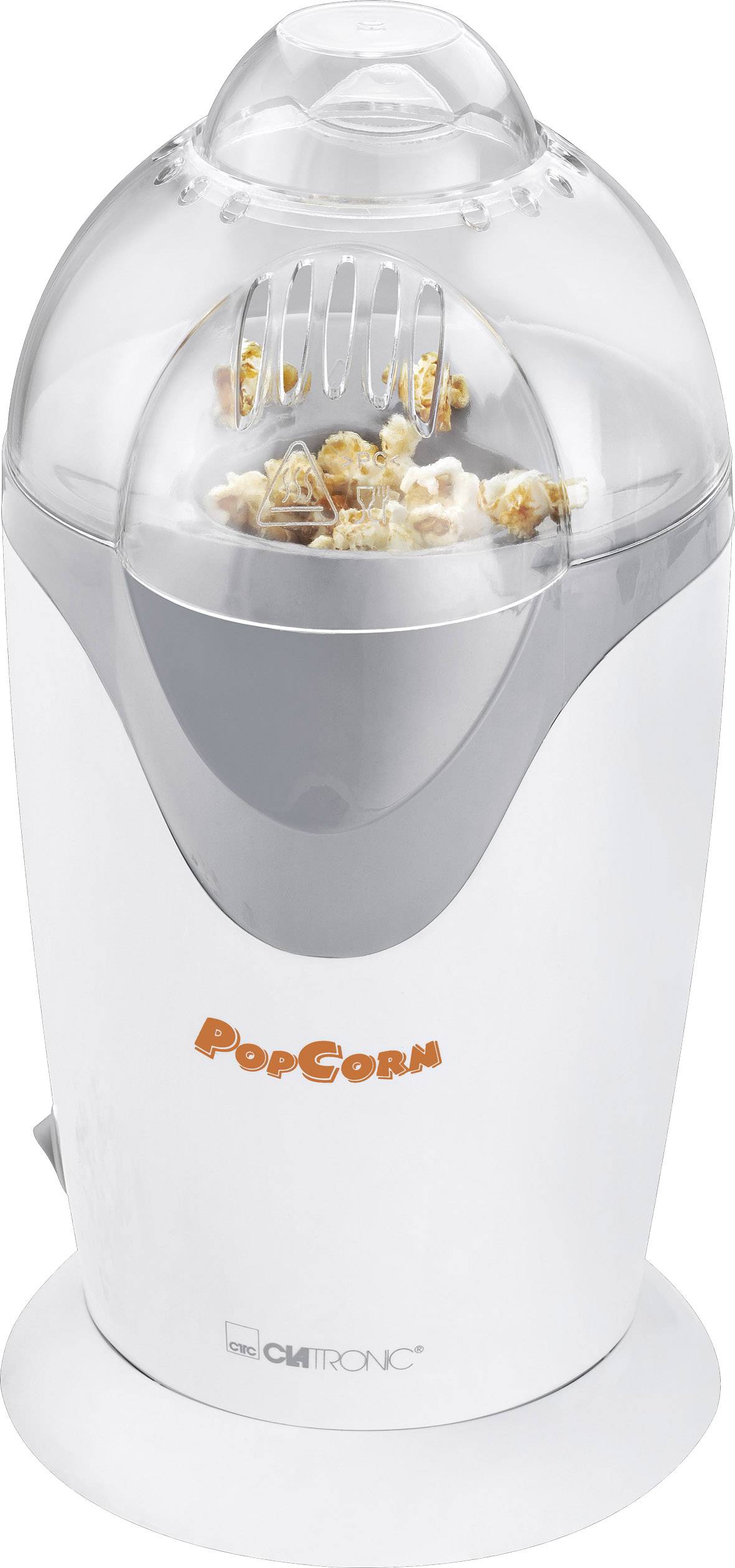 White popcorn maker with 'PopCorn' written in orange on a transparent lid, popcorn currently being prepared.