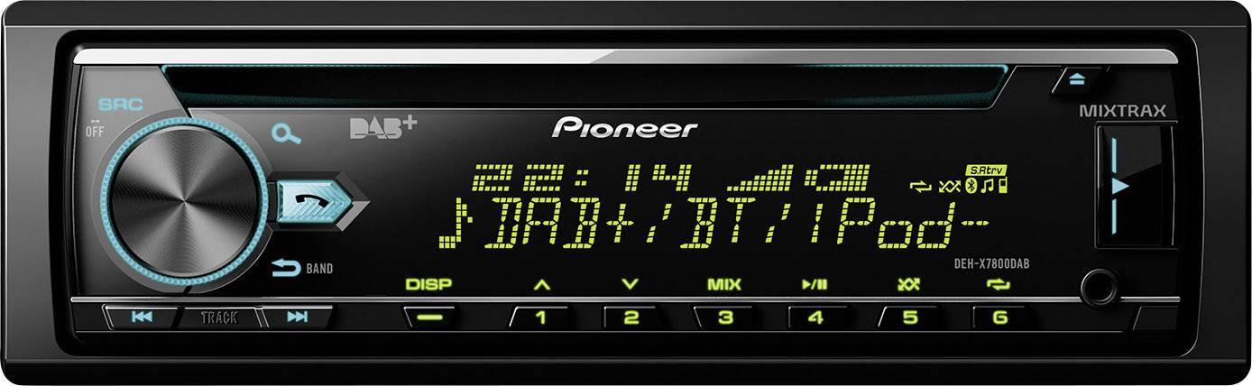 Pioneer car radio with digital display, showing time 22:14, DAB+ function and music playback symbols.