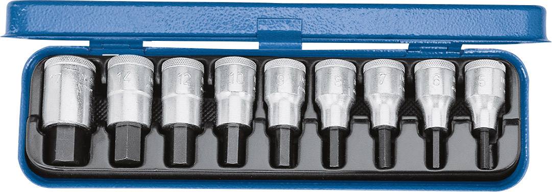 Metal case with nine hex key attachments in various sizes, arranged side by side in a blue, open box.