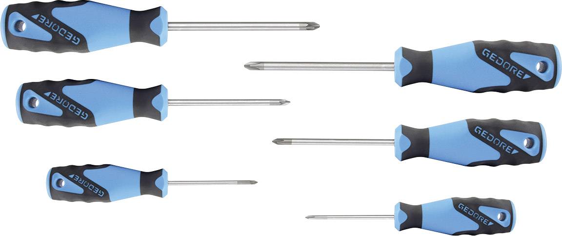 Six screwdrivers in various sizes with blue and black handles, arranged horizontally.