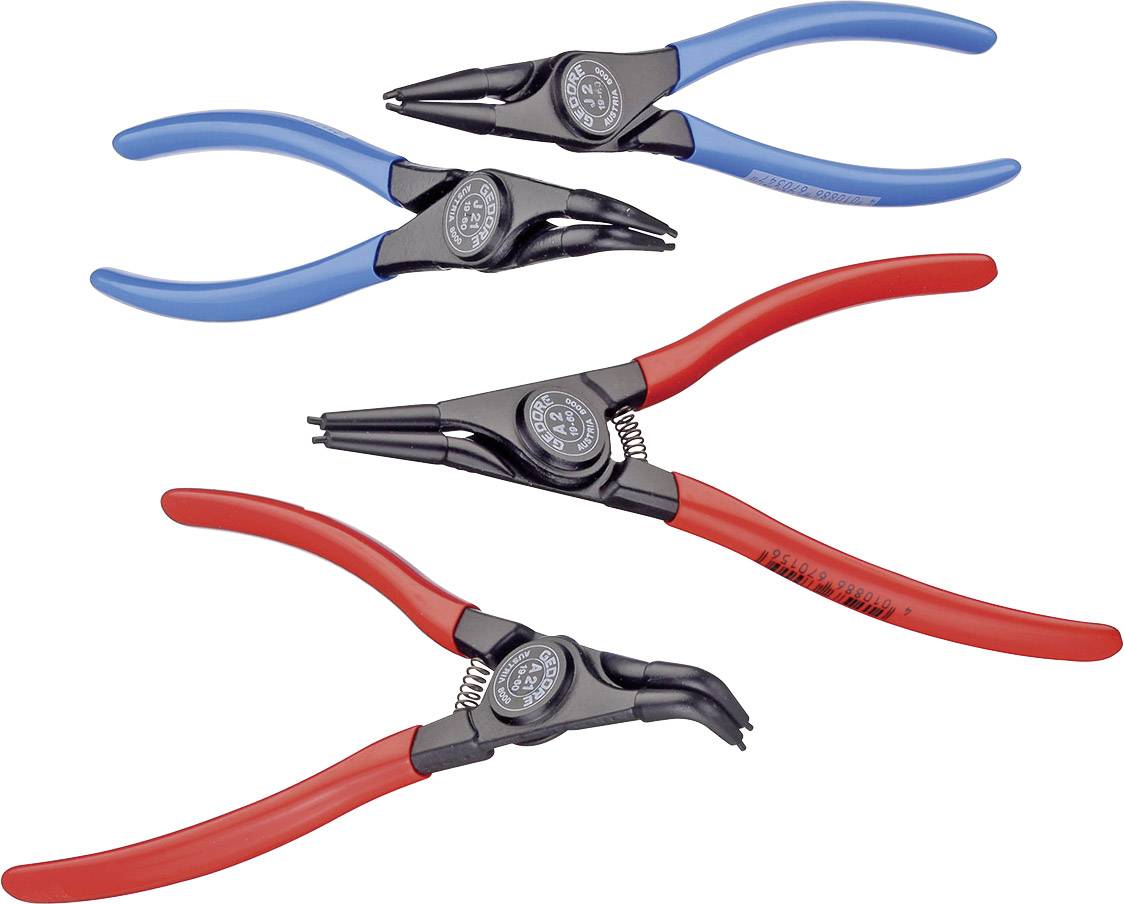 Two plier sets, one with blue handles for internal retaining rings, and one with red handles for external retaining rings.