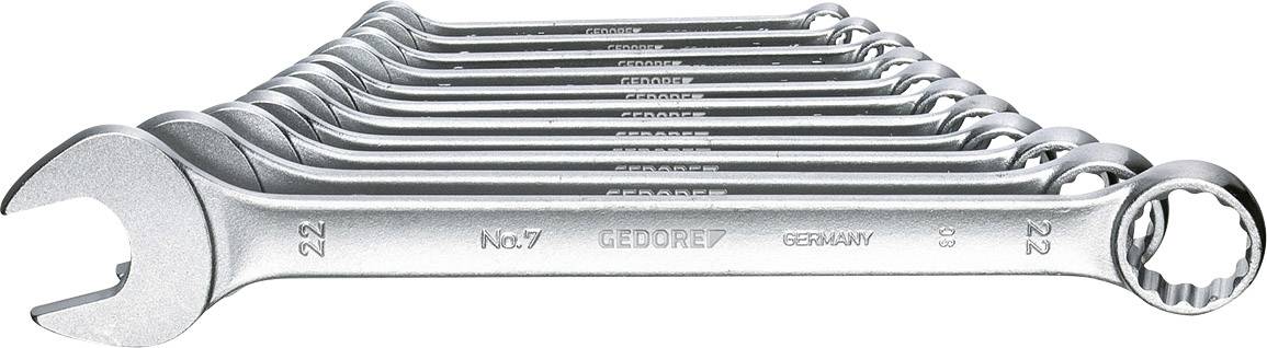 A set of ten gleaming spanners, sorted by size, increasing from left to right, on a white background.