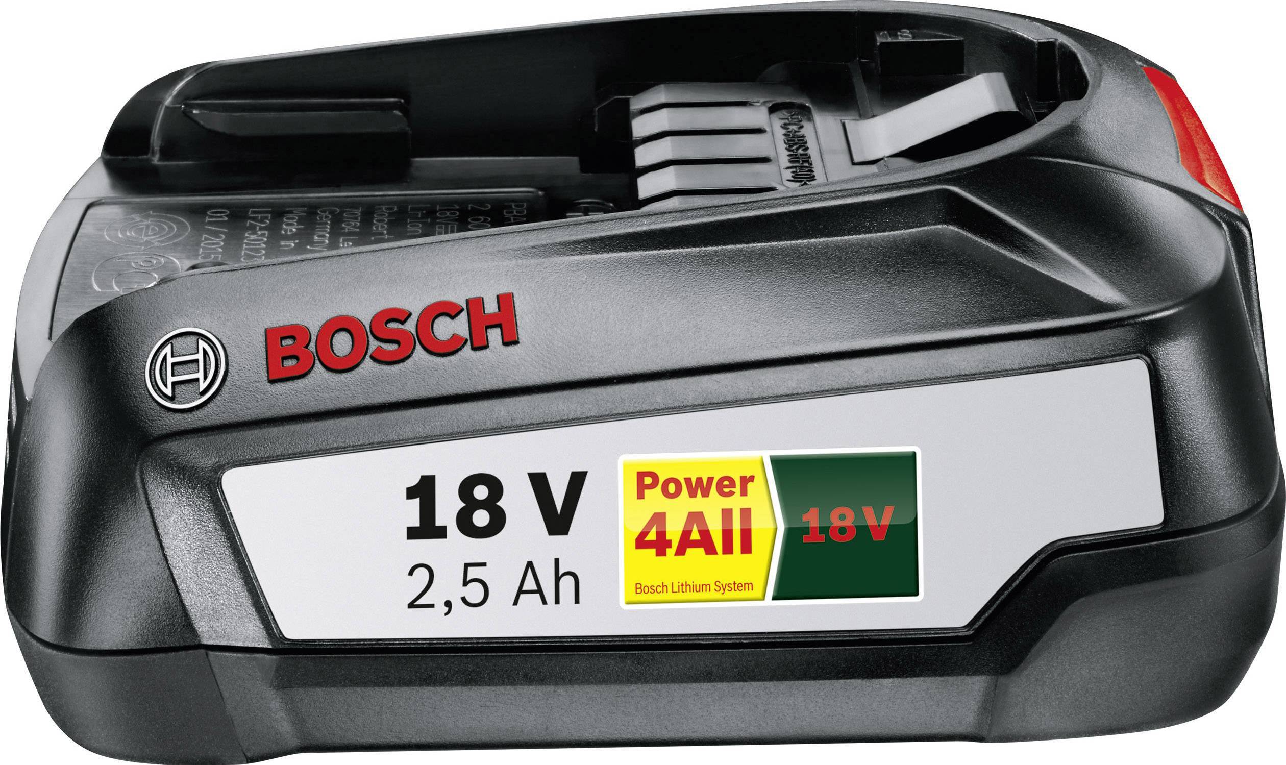 Black Bosch 18V Lithium-Ion Battery with red logo and marking 'Power4All 18V 2.5 Ah'.