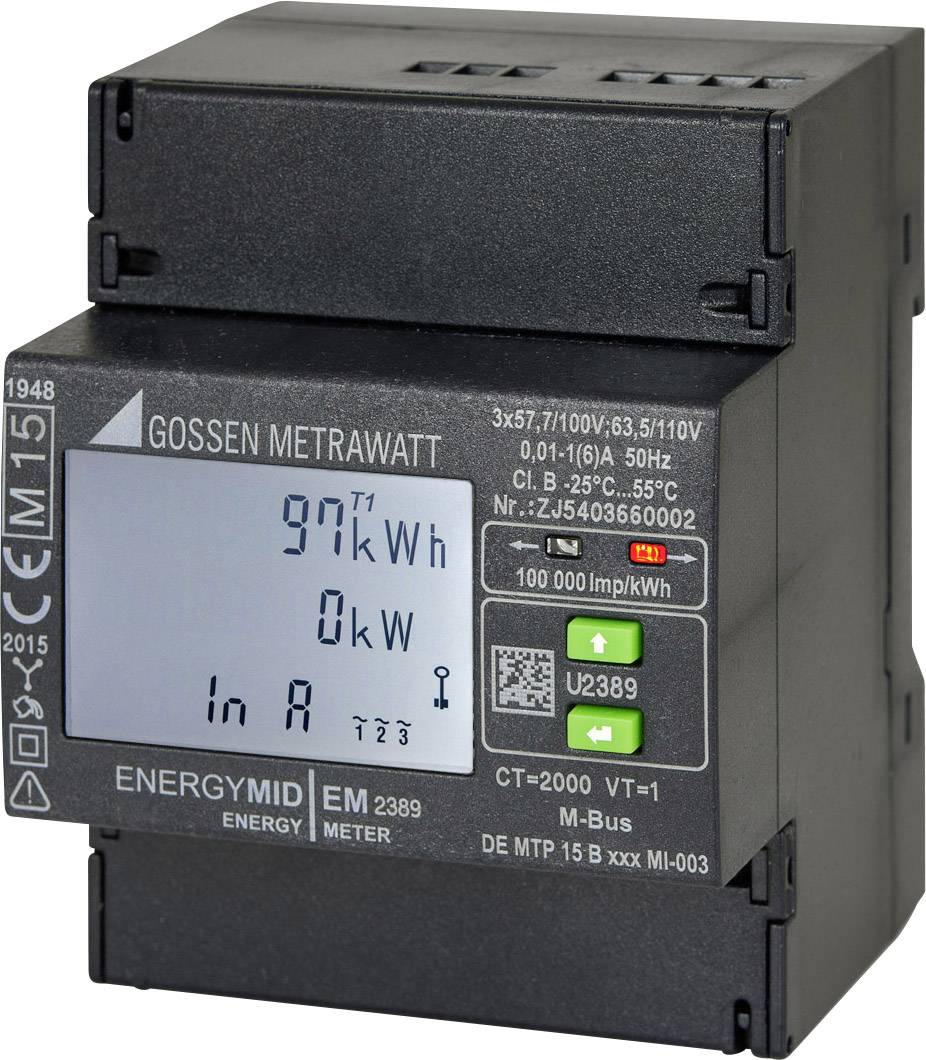 An energy meter with display shows '97 kWh' consumption. Device marked as 'Gossen Metrawatt'. Suitable for mounting on DIN rail.