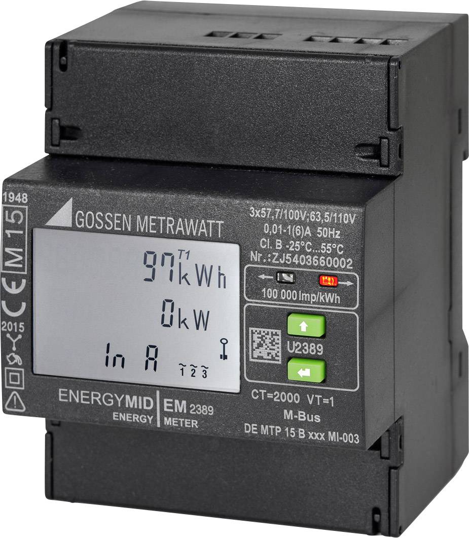 A digital electricity meter shows '97 kWh' as total consumption and '0 kW' as current power. Digital display and indicator lights.
