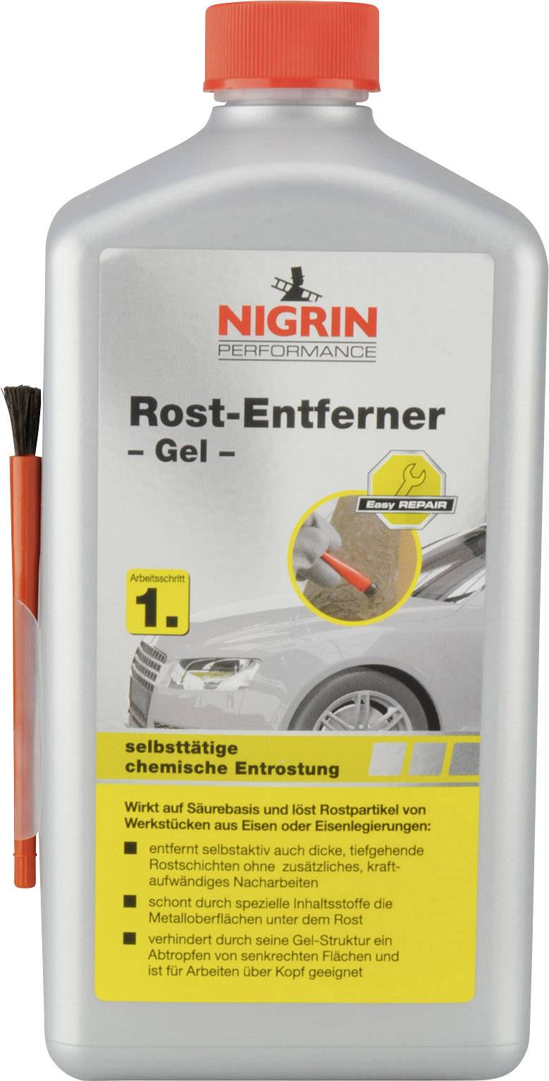 Bottle of NIGRIN Rust Remover Gel with Brush. For chemical rust removal from iron tools and surfaces.