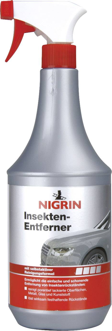 Grey spray bottle 'Nigrin Insect Remover' with red spray nozzle, suitable for cleaning vehicle surfaces.