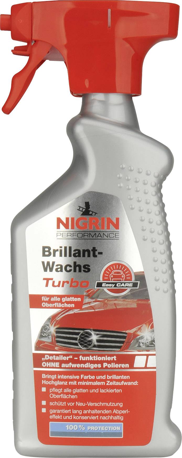 Spray bottle for car wax by the brand 'Nigrin'. Label promises gleaming protection for all smooth surfaces, especially cars.