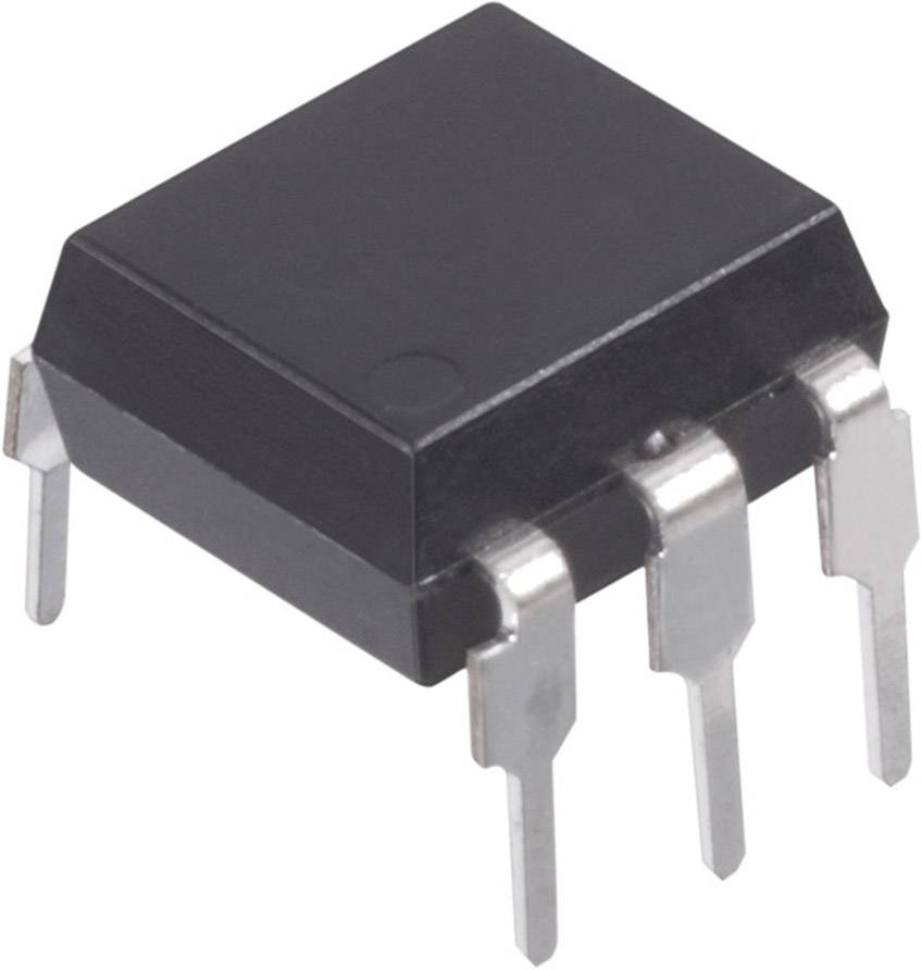 A black integrated circuit with four metal legs protruding from its underside.