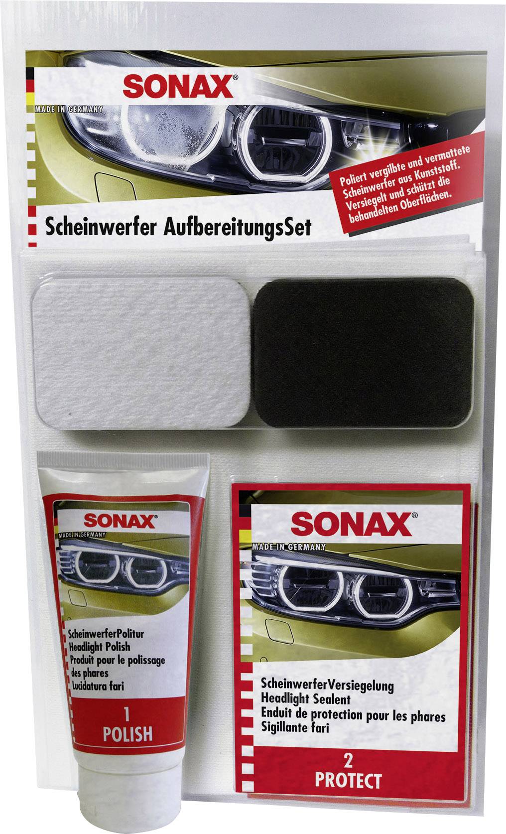 'Headlight Restoration Kit' by SONAX for the restoration and sealing of car headlights, with polish and sealing cloth.