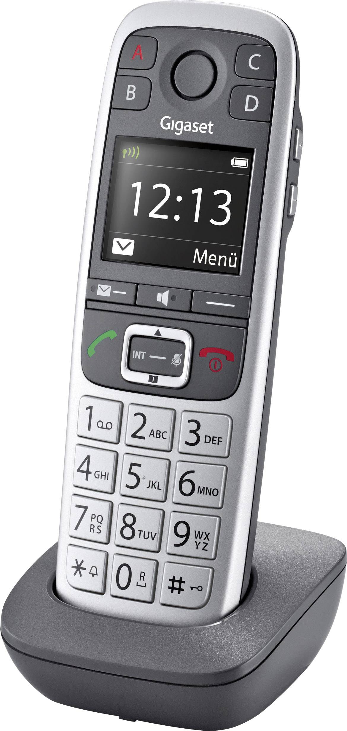 A cordless telephone in its charging dock, displaying a monochrome screen showing the time '12:13'. Buttons with numbers and symbols.