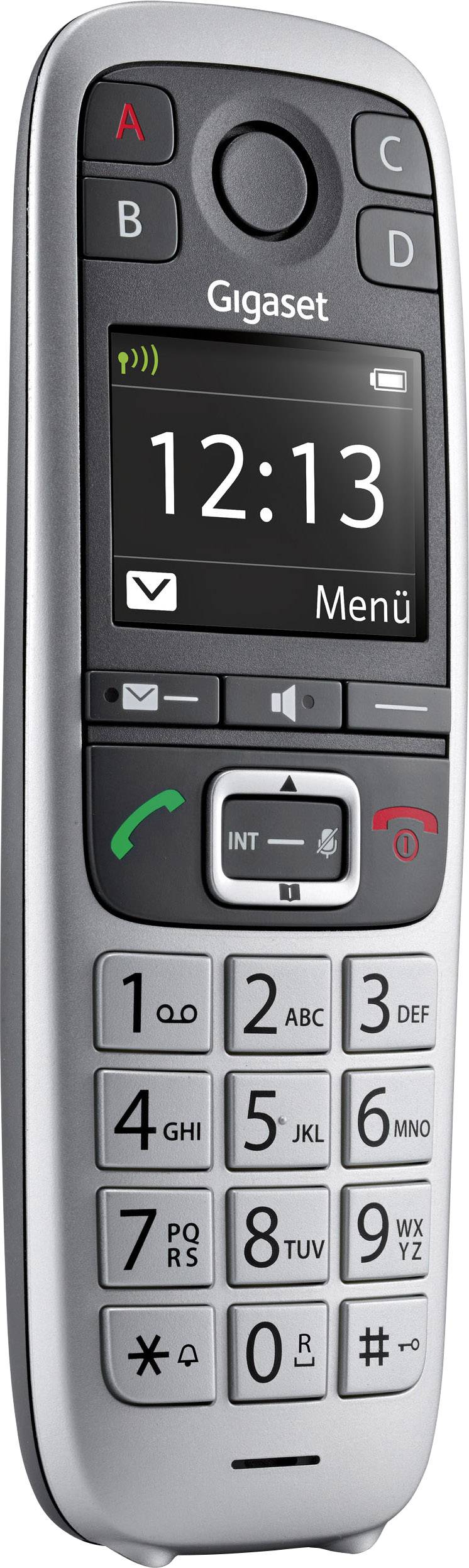 A silver cordless telephone with a large display; showing the time '12:13'. Buttons for call answer and end, as well as a numeric keypad.