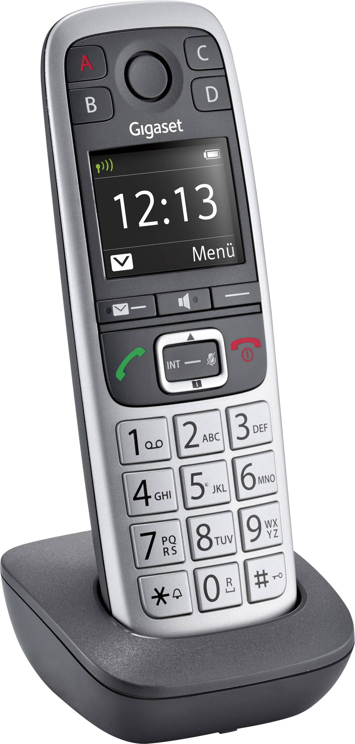 A cordless landline telephone by Gigaset in a charging station with a display showing the time 12:13 and the word 'Menu'.