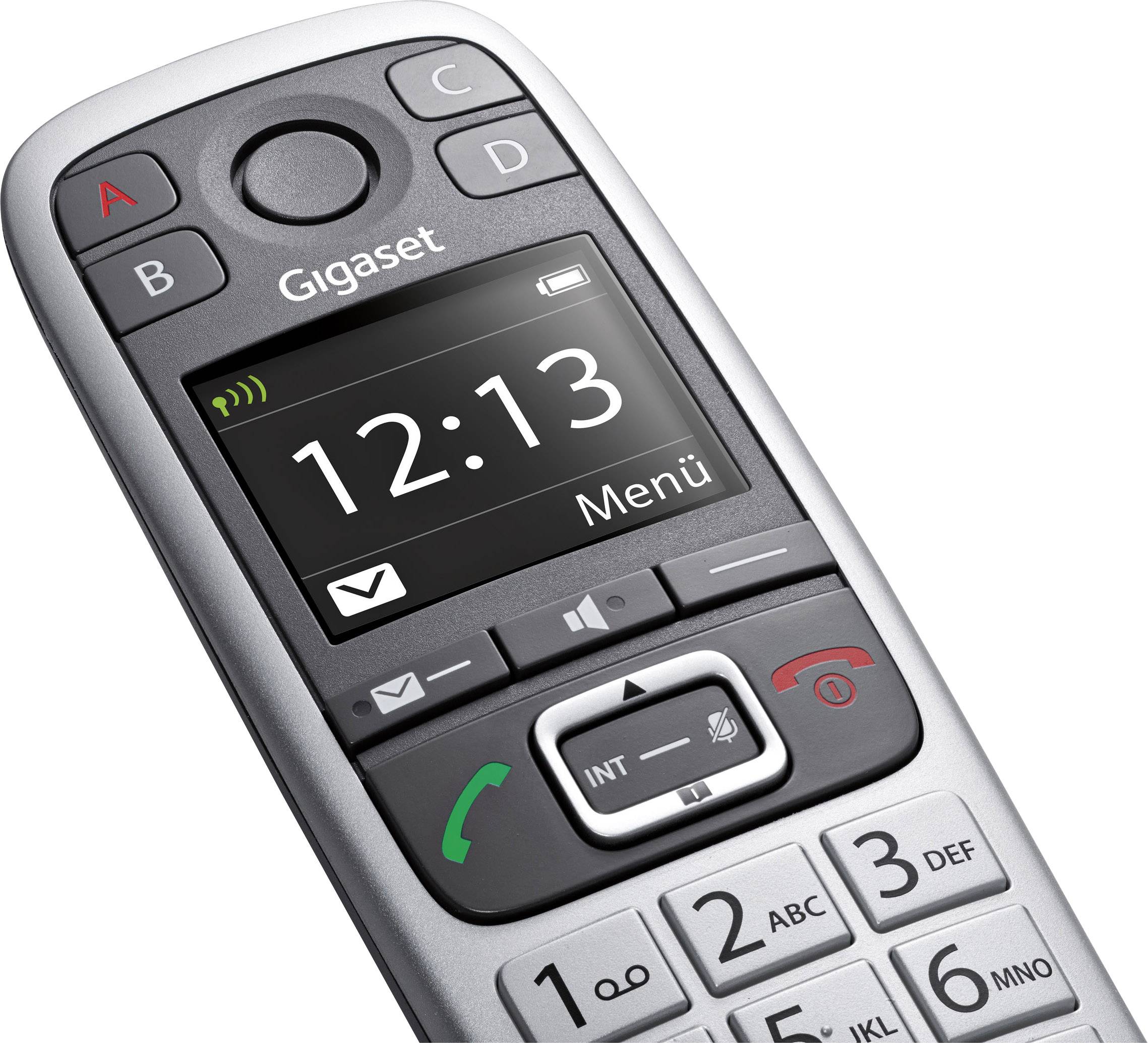 Portable cordless telephone with digital display showing time as 12:13. Buttons for telephoning, menu and navigation visible.