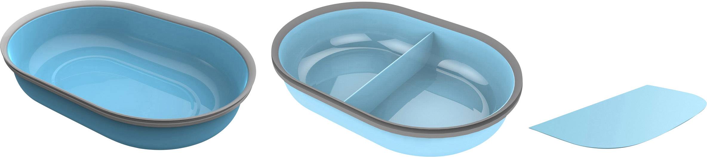 Two blue plastic containers, one with a partition in the middle, and a separate matching lid part, shown from the side.