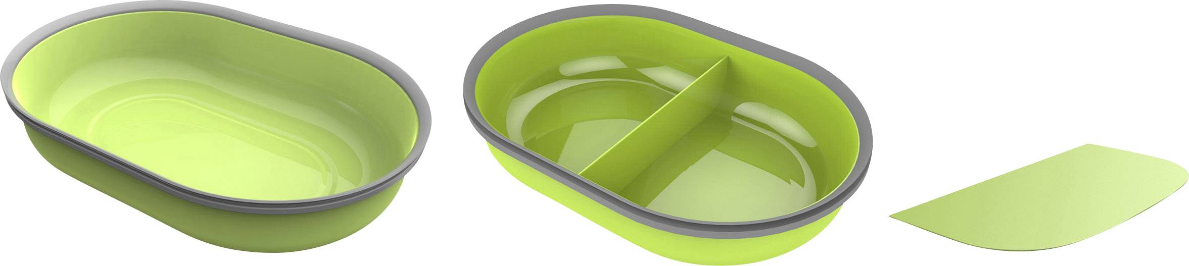 Green, oval plastic container set: left empty container, middle with divider, right loose lid.