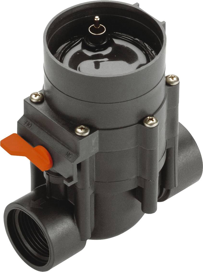 Black plastic valve with red lever, 90-degree angle, two connections. Used for controlling liquid or gas flows.