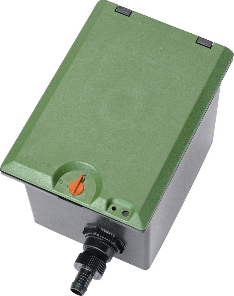 Green, rectangular garden control box with an orange switch and black water connection fitting, suitable for irrigation systems.