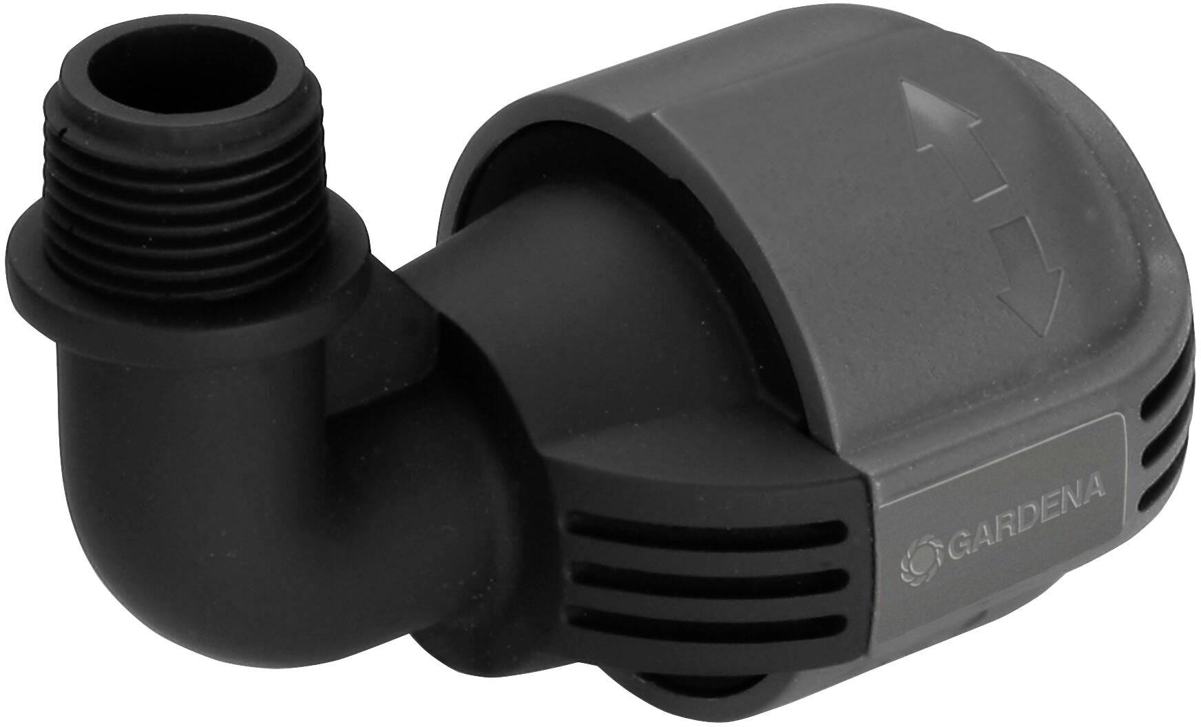 GARDENA angle connector made of black plastic with thread and arrow marking indicating water flow direction.