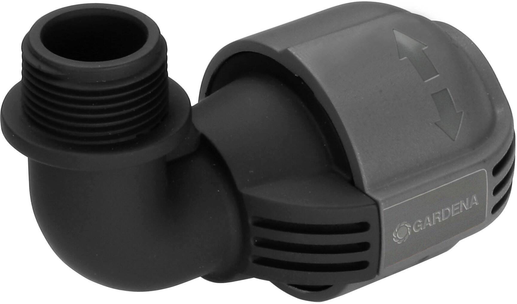 Black plastic pipe section with a curved angle and closure mechanism. The word 'GARDENA' is visible on the side.