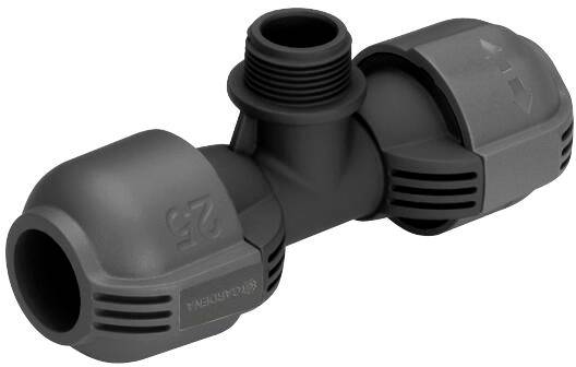 Triple pipe connector made of dark grey plastic with two lateral connections and a central threaded joint.