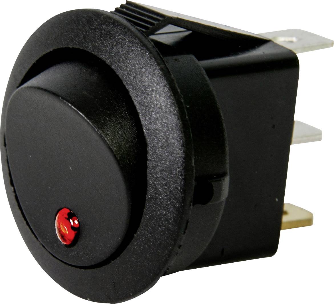 Black toggle switch with red LED light, used for controlling electrical devices, side view.