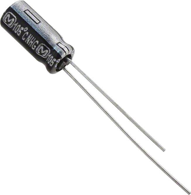 An electrolytic capacitor with two long wire leads, used in electronic circuits.